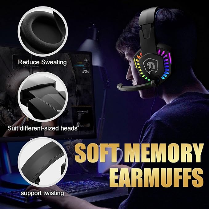 Wired Gaming Keyboard and Mouse Headset ComboRainbow LED Backlit Wired KeyboardOver Ear Headphone with MicRainbow Backlit Gaming MiceMouse Padfor PCLaptopMacPS4Xbox(Black)