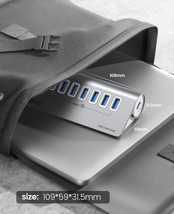 ORICO Powered USB Hub 10Gbps 7 Port USB 3.2 Gen 2 Hub with 7 USB 3.2 Data Ports 5V 3A Power Supply Interface 1.64Ft USB C to C Cable and USB-A Adapter Aluminum USB Data Hub for Laptop