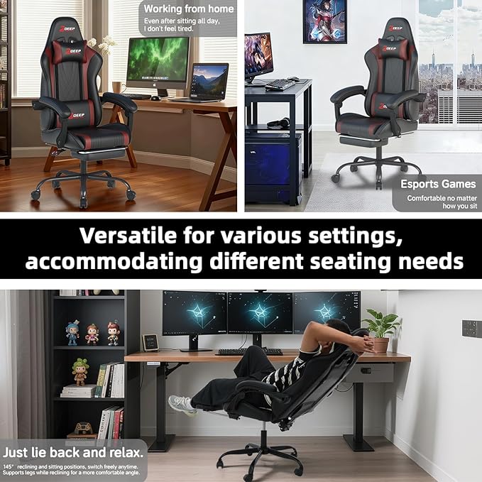 Ergonomic Gaming Chair with Footrest and Lumbar Massage Racing Office Chair High Back Computer Desk Chair with Headrest Pillow for Adults Video Game Chair for PC Gamer (1001-Red)