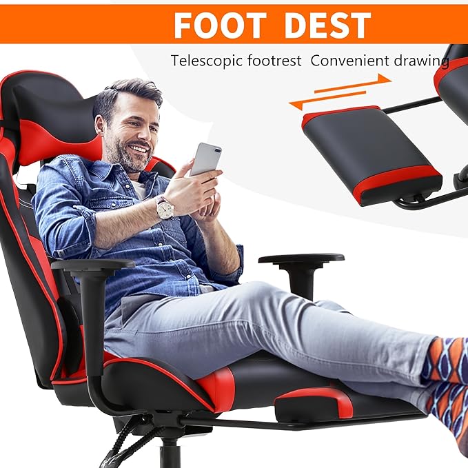 Gaming Chair High Back PU Leather Gaming Chairs Computer Chair with Headrest &amp Lumbar Support Height Adjustable Wide Seat Gamer Chair Gaming Chairs for Adults Game Chair with Footrest &amp Arm