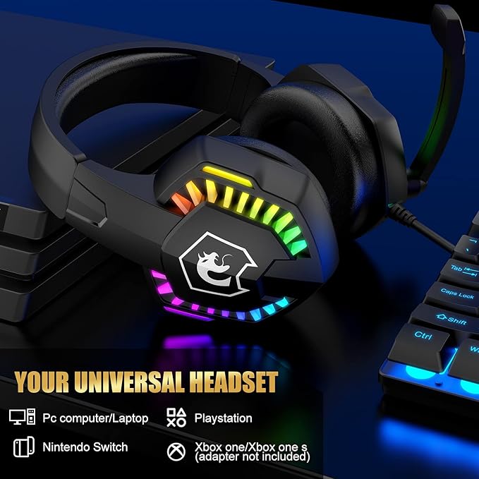 Wired Gaming Keyboard and Mouse Headset ComboRainbow LED Backlit Wired KeyboardOver Ear Headphone with MicRainbow Backlit Gaming MiceMouse Padfor PCLaptopMacPS4Xbox(Black)