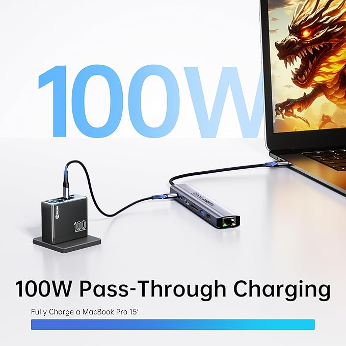 8-in-1 USB-C Hub for MacBook Pro with 4K HDMI Adapter Supporting 100W PD Fast Charging 100Mbps Ethernet 2 USB 3.0 Ports and SD/TF Card Reader. Compatible with MacBook and Type-C laptops.