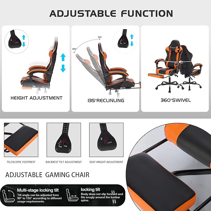 Gaming Chair with Footrest Ergonomic Computer Seating Massage Lumbar Support Height Adjustable PU Leather Reclining Video Game Chairs for Adults Office (Black+Orange)
