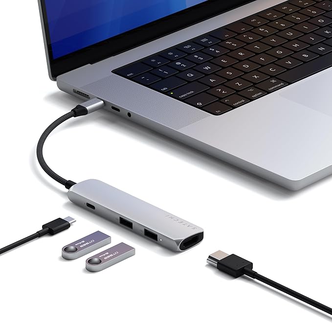 Satechi 4 in 1 USB C Hub Multiport Adapter with HDMI 4K@60Hz 100W PD Charging 2X USB-A Data Ports for MacBook Air/Pro M5/M4 iPad Windows – Silver