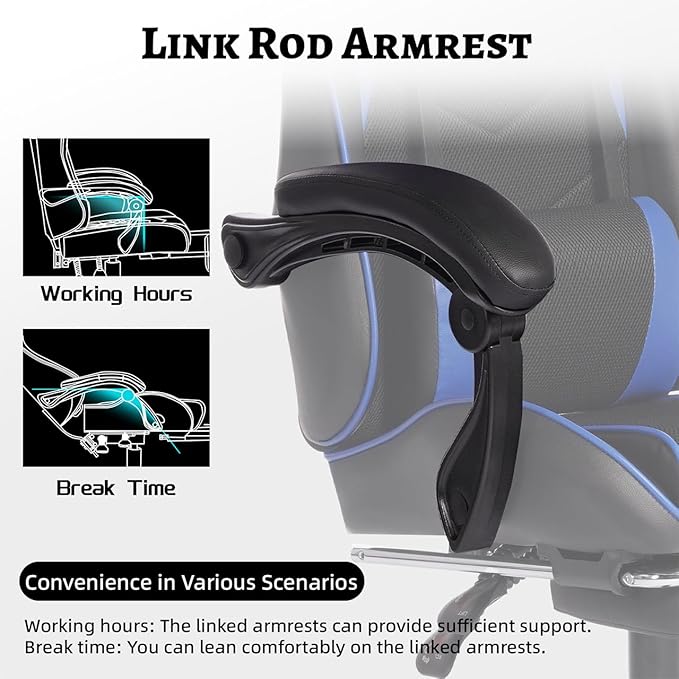 Leather Video Game Chairs Ergonomic Gaming Computer Chairs with Reclining Breathable Gamer Chair with Footrest &amp Height Adjustable (Blue+Black)