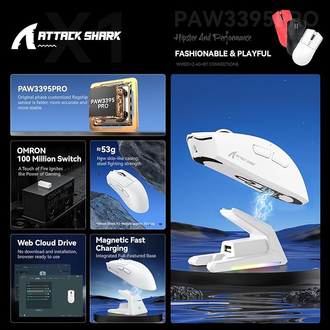 X1 Superlight Wireless Gaming Mouse with RGB Magnetic Charging Dock BT/2.4G Wireless/Wired Gaming Mouse PAW3395PRO Gaming Sensor 40000DPI Tape 53g Office Mice for PC/Mac/Win/Xbox (White)
