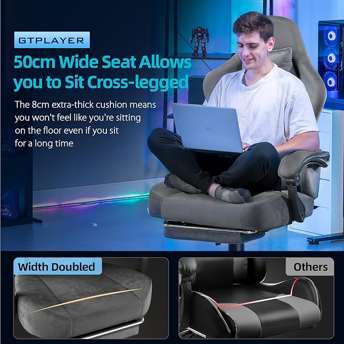 GTPLAYER Gaming Chair Fabric with Pocket Spring Cushion Big and Tall Gamings Chairs 350LBS High Back Computer Chair with Footrest for Adults Lumbar Support Swivel Game Chair for Office Dark Grey