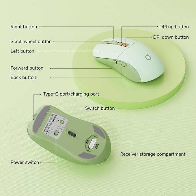 EWEADN G309 Wireless Computer Mouse2.4G&ampBluetooth Ergonomic Cordless Mice with 4000 DPI5 Adjustment LevelsCute and Portable Mouse for Laptops PC and More7 Buttons Office USB Mice-Green
