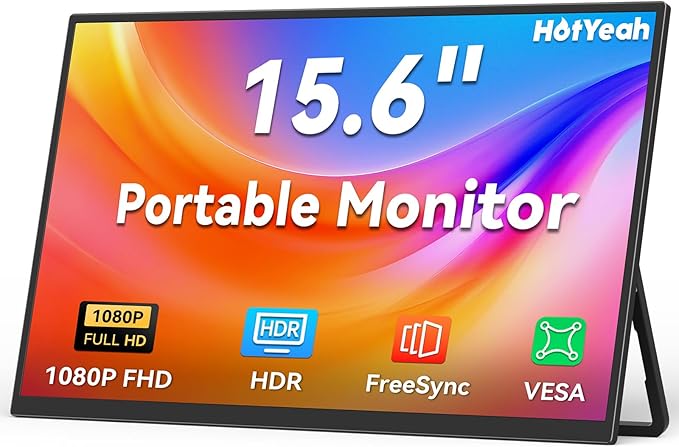 HotYeah Portable Monitor 15.6-in 1080P FHD Laptop Monitor USB-C HDMI External Computer Display HDR FreeSync IPS w/Kickstand &amp Speaker 2nd Screen for Laptop PC Mac Phone Tablet Switch PS5 Xbox