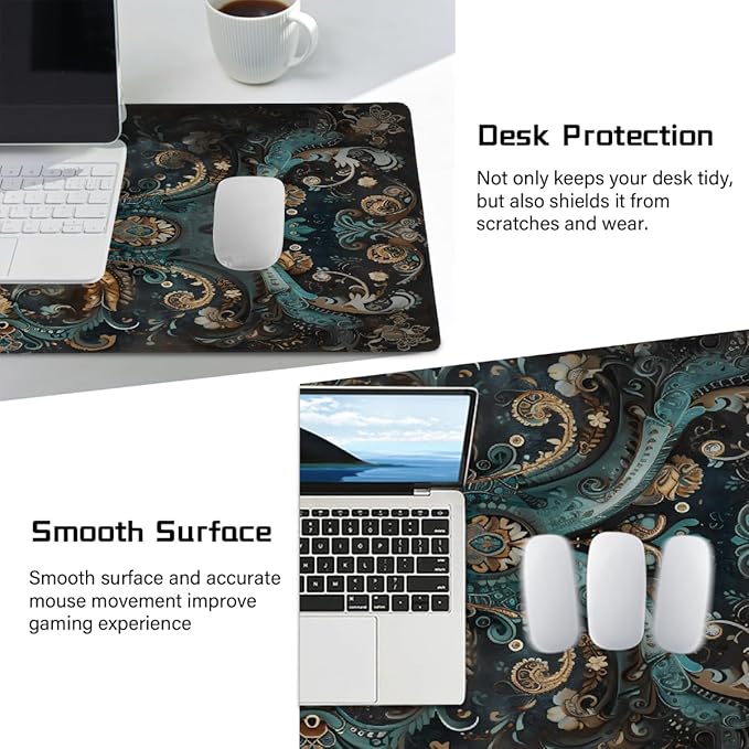 Trippy Turquoise Paisley Large Mouse Pad Gaming Mousepad Desk Mat for Desktop Computer Keyboard Waterproof Mouse Mat Desk Pad with Non-Slip Base for Game School Office Home 35.4 x 15.7