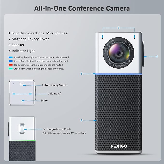 NexiGo N3000 4K Portable Video Conference Camera Zoom Certified AI Webcam with Speaker and Microphone Auto-Framing 4-Mic Array 48kHz Video Audio System for Zoom/Teams/Webex (Renewed)
