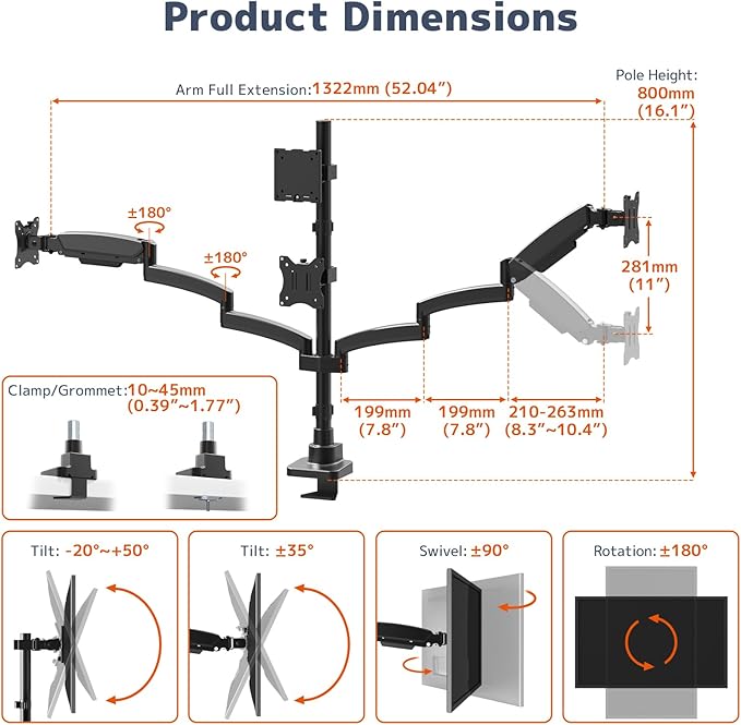 PUTORSEN Quad Monitor Mount for up to 49’’ Ultrawide on Top Bracket and 27’’ Screens on Lower Brackets Holds up to 44lbs Quad Monitor Stand with Gas Spring C-Clamp &amp Grommet Base