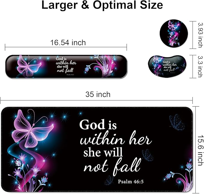 Keyboard Wrist Rest + Mouse Pad with Wrist Support + Desk Mat + Coaster 4 in 1 SetDesk Matt for DesktopCute Large Gaming Ergonomic Mousepad for Computer Laptop Office Home Decor-Purple Butterfly