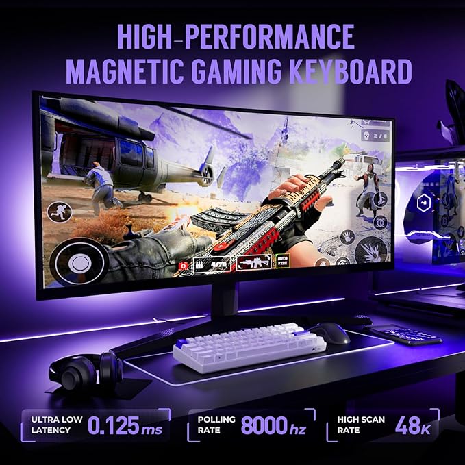 RK ROYAL KLUDGE C61 HE Gaming Keyboard 60% Wired Mechanical Keyboard with Hall Effect Magnetic Switch 8000Hz Polling Rate Rapid Trigger RGB Backlit 61 Keys White Purple