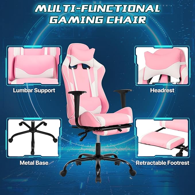 Ergonomic Gaming Chair - Reclining Computer Chair with Lumbar Support &amp Headrest Pillow Adjustable Footrests 90-135° Recline for Home Office &amp Gaming Heavy Duty 250lbs Capacity Pink