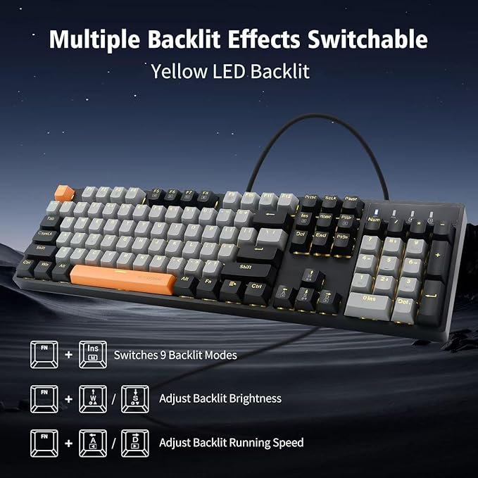 E-YOOSO Z-14 Wired Mechanical Gaming Keyboard 104 Key Red Switch Hot Swappable Full-Size Office Work Computer Keyboards Solid Yellow Backlit Mechanical Keyboard for PC Mac Black
