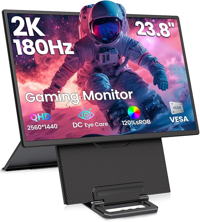 2K 180Hz Portable Monitor23.8 2560x1440 QHD 120% SRGB IPS FreeSync Gaming Moniter USB-C HDMI Large Work Home Office Second Monitor VESA Mountable Adjustable Tilt &amp Height for Laptop PS4Xbox