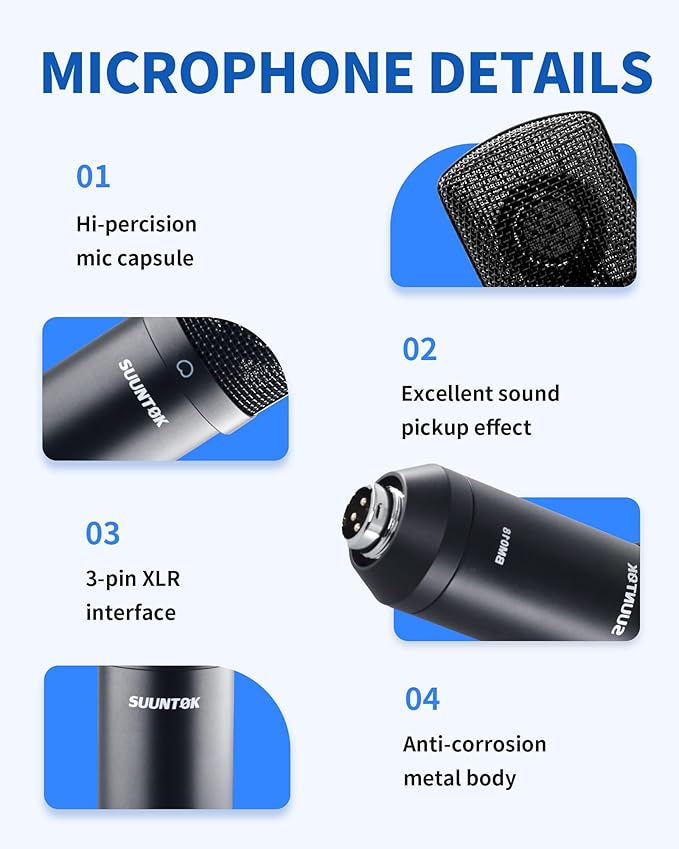 XLR Condenser Microphone Recording Microphone for PC Computer Home Studio Cardioid Podcast Mic Kit for Streaming ASMR YouTube Voice-Over Gaming Vocal (Black)