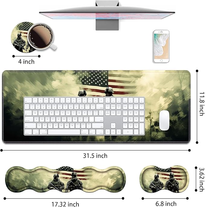 4 in 1 Ergonomic Keyboard Wrist Rest &amp Mouse Pad Wrist Rest Set Large Gaming Desk Mat 31.5x 11.8 with Non-Slip Base Memory Foam for Home Office Study Gaming American Military Army Troops Sold