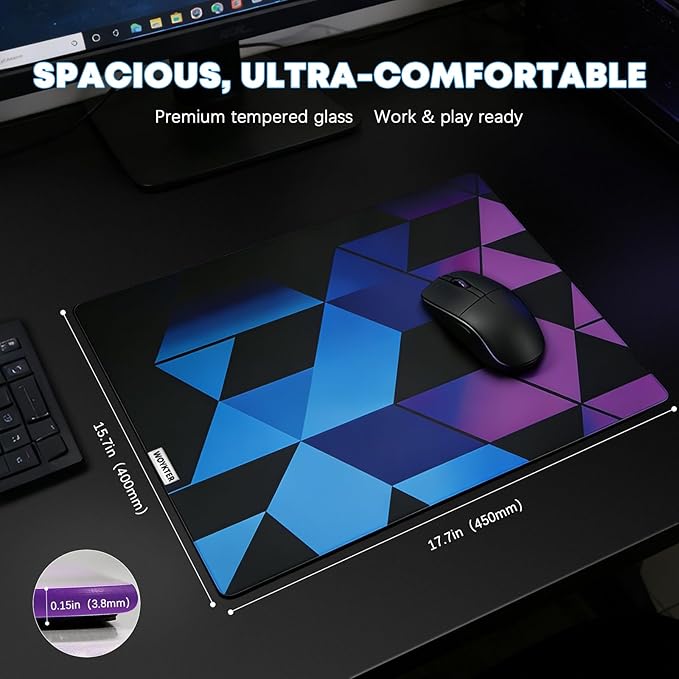Glass Mousepad | Glass Gaming Mouse Pad | 17.7”x15.7” | for Gaming &amp Work | Ultra-Smooth Micro-Etched Surface | Dirt- and Scratch-Resistant | Tempered Glass with Anti-Slip Base
