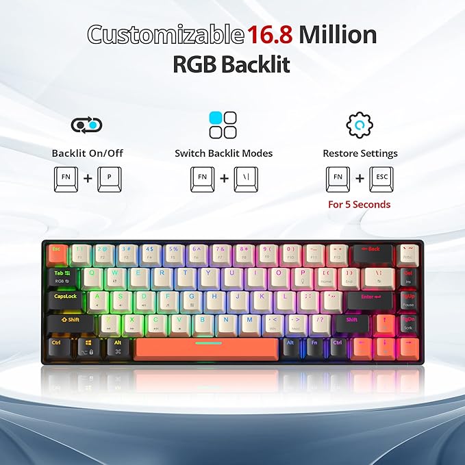 Fogruaden RGB Wired 60% Percent Keyboard Mechanical 68 Keys Gaming Keyboard 60 Percent with Red Switch Small Compact Mechanical Keyboard for Win/Mac Laptop PC Gamer (Carbon/68)