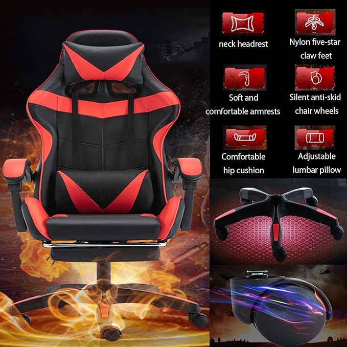 JSWHYBD Gaming Seat with Footrest E-Sports Chair Internet Cafe Competition Chair Home Computer Office Chair 135° Recline Slide Rail Armrest Suitable for Hotel Internet Cafe Live Streaming Games