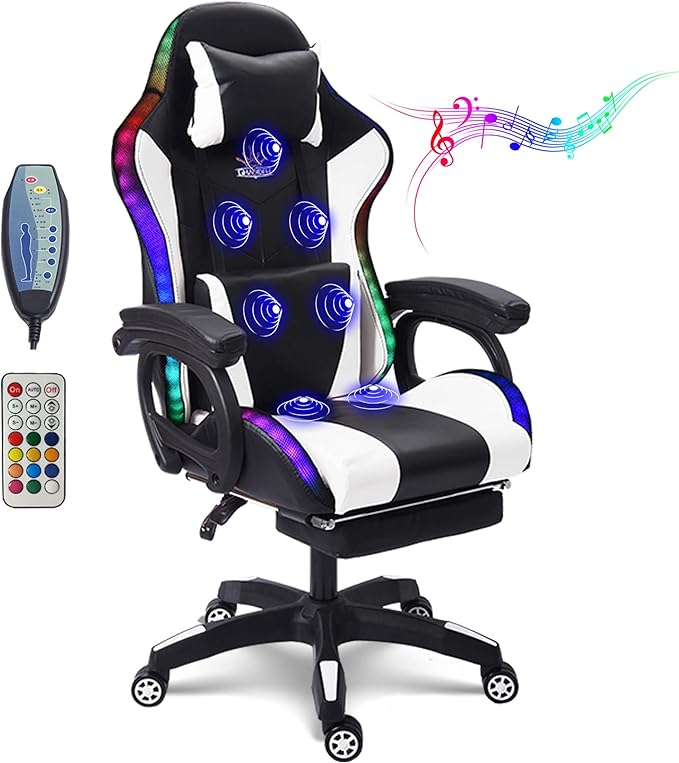 TBQATNTS Gaming Chair with RGB LED Light Ergonomic Massaging Computer Gaming Chair Video Gaming Chair with Footrest Reclining Gaming Chair with Speakers Office ChairWhite