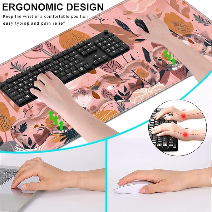 Keyboard Wrist Rest and Mouse Pad with Wrist Support Set Ergonomic CoasterMemory FoamEasy Typing Pain ReliefLarge XL Desk Mat 31.5x 11.8Pink Floral