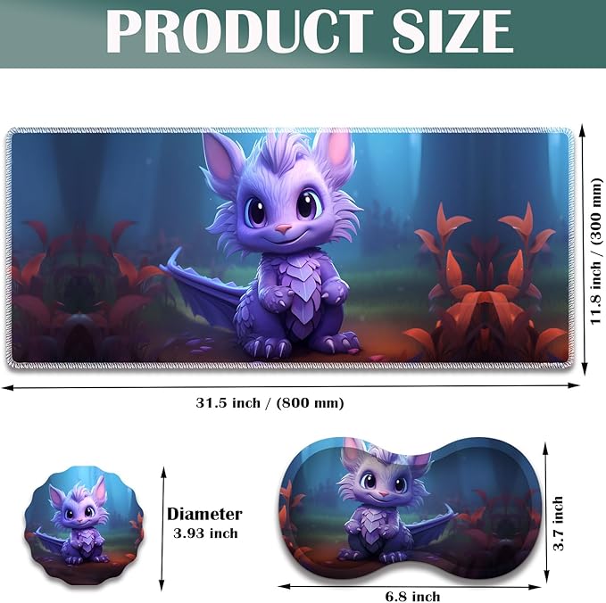 Large Game Mouse Pad + Wrist Support Pad + Coffee Coaster Desk Pad with Sewn Edges Anti-Slip Set pad Suitable for Office Work and Home - Purple Dragon