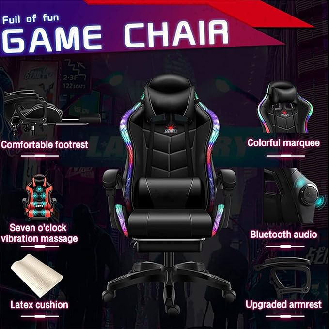 Gaming Chair with RGB LED Lights Ergonomic Massage Computer Gaming Chair with Footrest and Bluetooth Speakers High Back Video Game Chair with Swivel Seat Headrest and Lumbar SupportRed