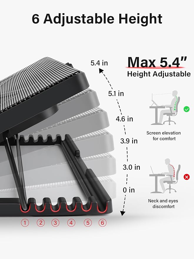 Kootek Laptop Cooling Pad Laptop Cooler with 5 Quiet Fans for 12-17 Computer PC Notebook Gaming Laptop Fan Height Adjustable Laptop Cooling Stand Laptop Accessories Red