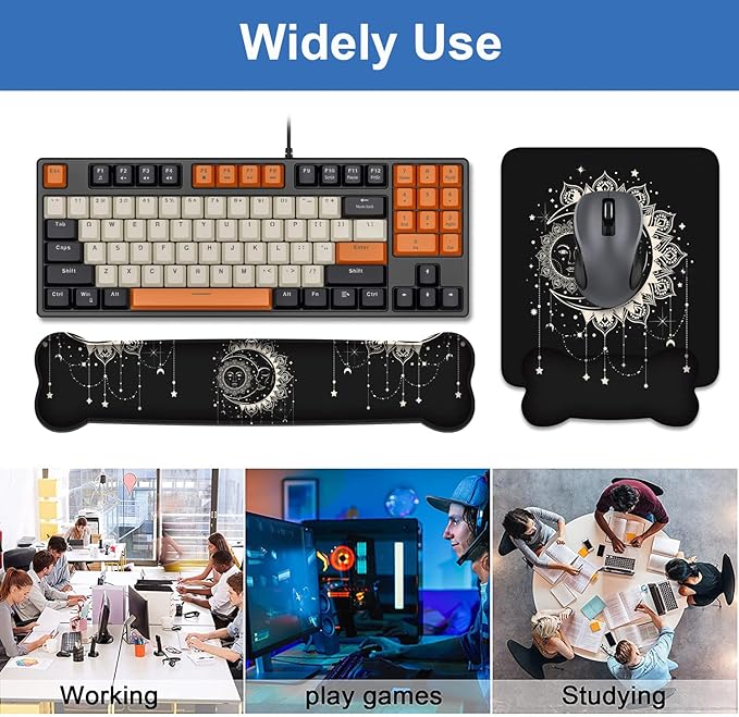 Wrist Rest Support Ergonomic Gel Mouse Pad and Memory Foam Keyboard Set Non-Slip Rubber PU Base for Home Office Working Studying Easy Typing &amp Pain Relief Celestial Theme Sun with Crescent Moon