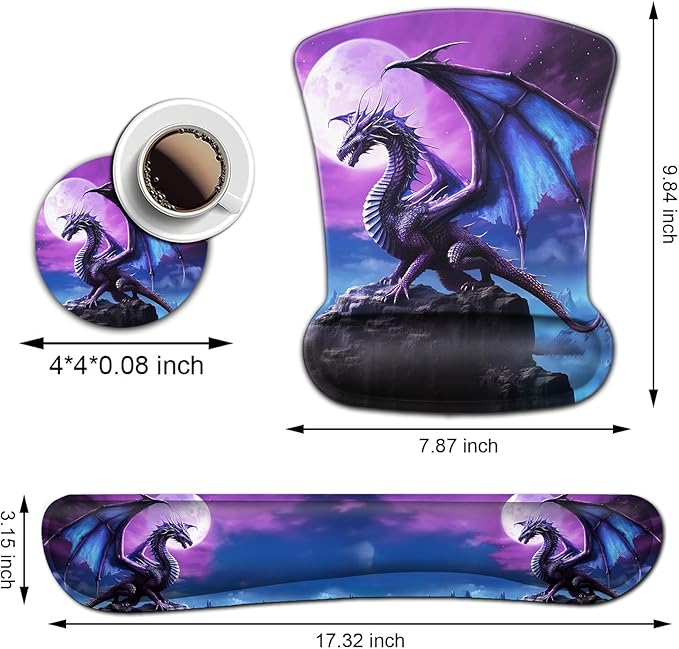 Mouse Pad with Wrist Support Office Easy Typing Games to Relieve Fatigue Non-Slip and Durable Soft Memory Foam Keyboard Wrist Rest Ergonomic Gel Smouse Pad Cartoon Cute Purple Cool Dinosaur