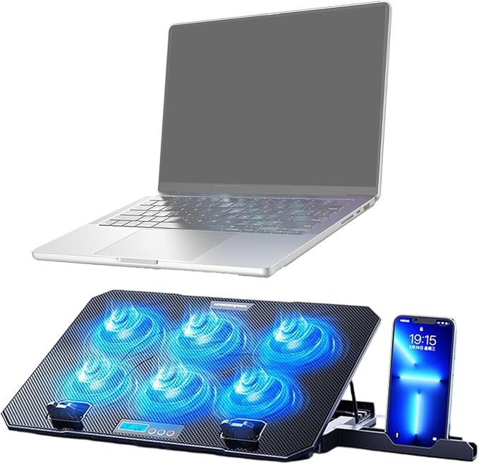 Laptop Cooling Pad 6 Quiet Fan for Laptop Gaming Fan Pad 5 Height Adjustable 2 USB Port Phone Holder Lightweight Stand
