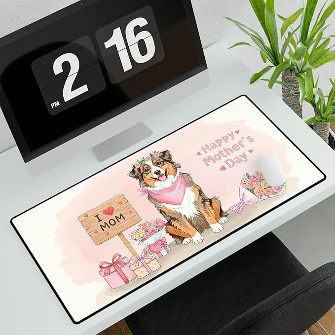 Happy Mother's Day Australian Shepherd Love Dog Mom Heart Flower Desk Mat Full Keyboard Mouse Pad Aussie Dog Lover Gifts Large Mousepad 12004