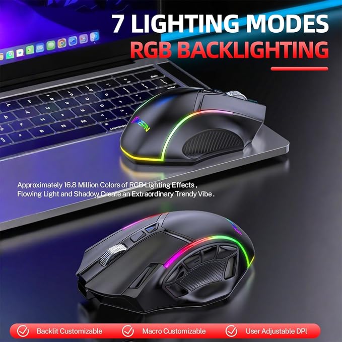 Wireless Gaming Mouse Tri-Mode 2.4G/Bluetooth/USB-C 24000 DPI 12 Programmable Buttons 500mAh Rechargeable Battery 7 RGB Lighting Modes On-Board Memory for Laptop/PC/Mac (Black)