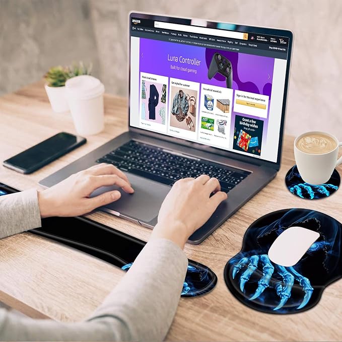 Bxgolkgd Ergonomic Gel Mouse Wrist Rest Pad and Keyboard Pad SetAnti-Slip PU Bottom Easy Typing and Relieve Wrist Pain with Cute Coaster Set (3-Funny Skull)