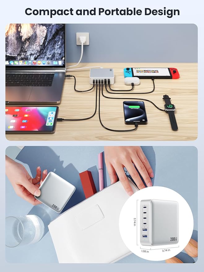 USB C Charger Block 200W[2025 Upgraded] GaN III 6 Port Fast Charging Station HubPD 65W USB C Laptop Charger Compatible with MacBook Pro/AiriPadiPhone 16/15Galaxy S23/S24 Steam Deck Dell XPS etc