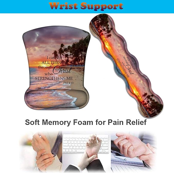 3 in 1 Keyboard Wrist Rest + Mouse Pad and Coaster Ergonomic Gel Mouse Pad and Keyboard Pad Set Comfortable Lightweight for Easy Typing Pain Relie Sunset Beach
