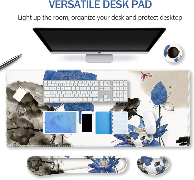 ARTSO Extended Gaming Mouse Pad Set Keyboard Wrist Rest Support Pad + Wrist Cushion + XXL Large Mouse Pad + Coaster Stitched Edge Non-Slip Memory Foam Desk Mat Blue Lotus Ink Painting