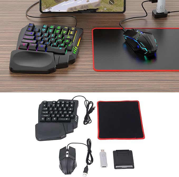 Zunate Half Hand Gaming Keyboard and Combo Half Hand Gaming Keyboard Set 4 in 1 Mobile Gaming Keyboard Set with Converter Adjustable Phone Stand for PC