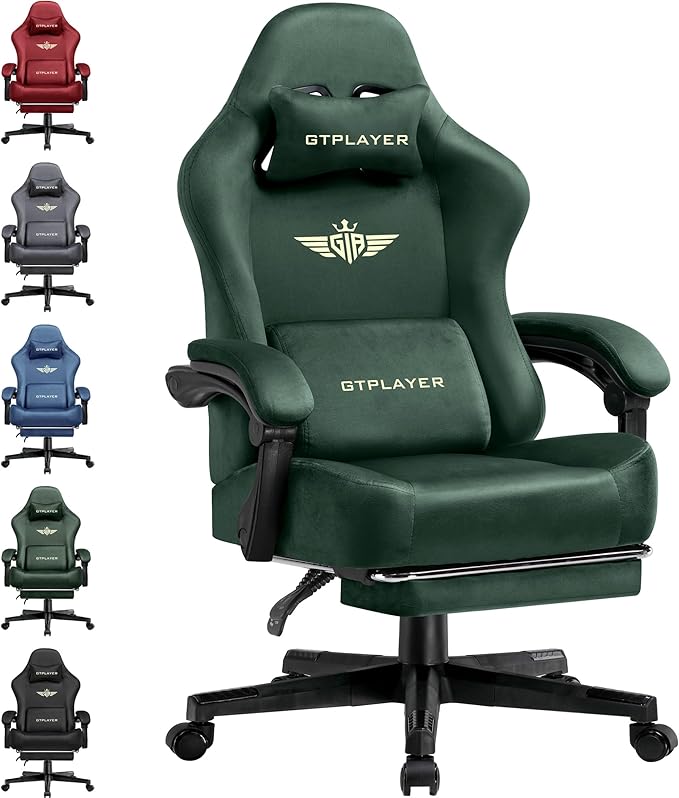 GTPLAYER Gaming Chair Fabric with Pocket Spring Cushion Big and Tall Gamings Chairs 350LBS High Back Computer Chair with Footrest for Adults Lumbar Support Swivel Game Chair for Office Gaming Green