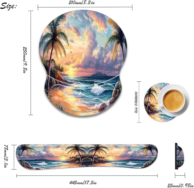 Bxgolkgd Ergonomic Gel Mouse Wrist Rest Pad and Keyboard Pad SetAnti-Slip PU Bottom Easy Typing and Relieve Wrist Pain with Cute Coaster Set (3-Palm Tree Beach)