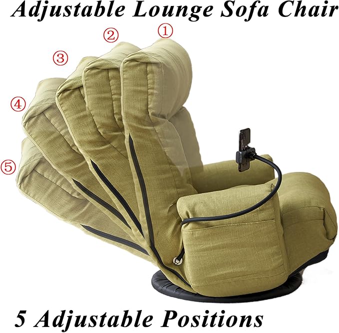 Swivel Gaming Floor Chair with Phone Holder &amp Arm Comfy Reading Chair with Side Pocket for Adults Upholstered Floor Chair with Adjustable Back for Bedroom Living Room (Green)