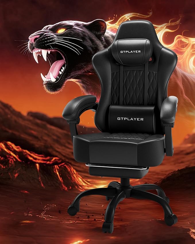 GTPLAYER Big and Tall Gaming Chair with Footrest Ergonomic Office Desk Chair with 4.4in Thick Cushion and Wide Wingless Seat Comfortable Leather Computer Chair Predator Series Black