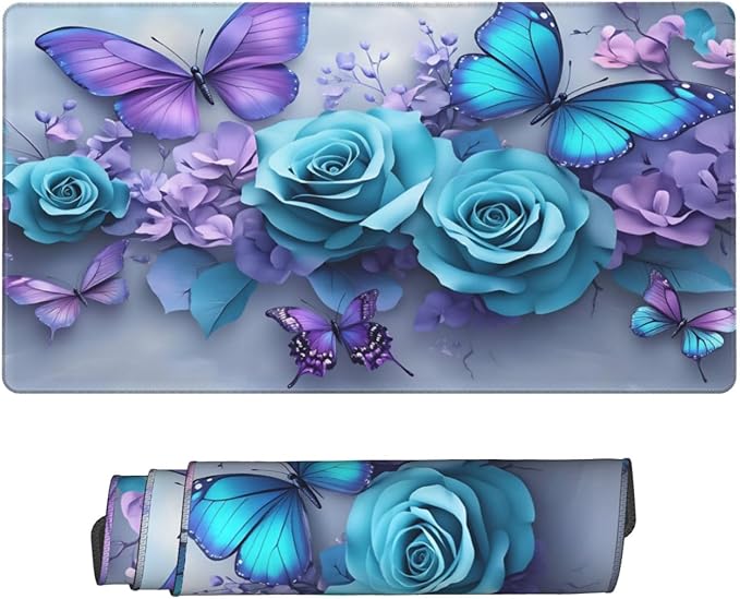 Purple Butterfly Blue Rose Desk Cover MatExtended Large Mouse PadComputer Laptop Mat Desk Decor for Office Game Home 30x16 Inch