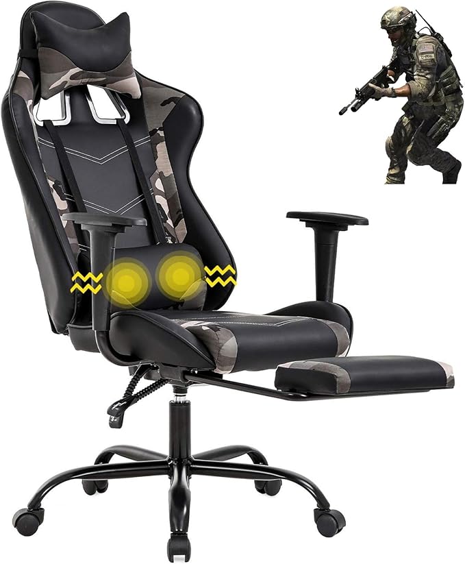 Gaming Chair High Back Computer Gaming Chair with Footrest Ergonomic Massage PC Game Chair PU Leather Racing Office Chair Adjustable Task Chair w/Headrest Armrest for Teens Adults- Camo