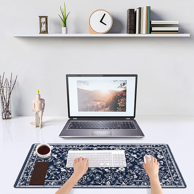DINKY Mousepad with Wrist Rest Desk Pad for Keyboard and Mouse Ergonomic Mouse Pad Set Keyboard Wrist Rest with Coaster Desk Mat Set for Office Home Blue Art Leaf