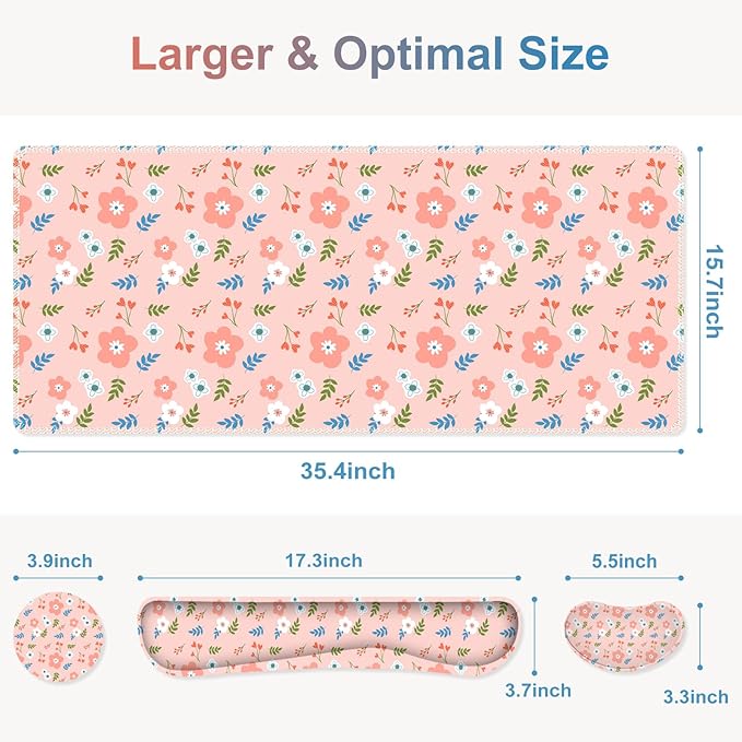 Large Gaming Mouse Pad Set 4 in1 Ergonomics Keyboard Desk Mat with Memory Foam Wrist Rest Computer Extended Game Mousepad Non-Slip Desk Pad Matt Easy Typing Pain Relief I Retro Pastel Style
