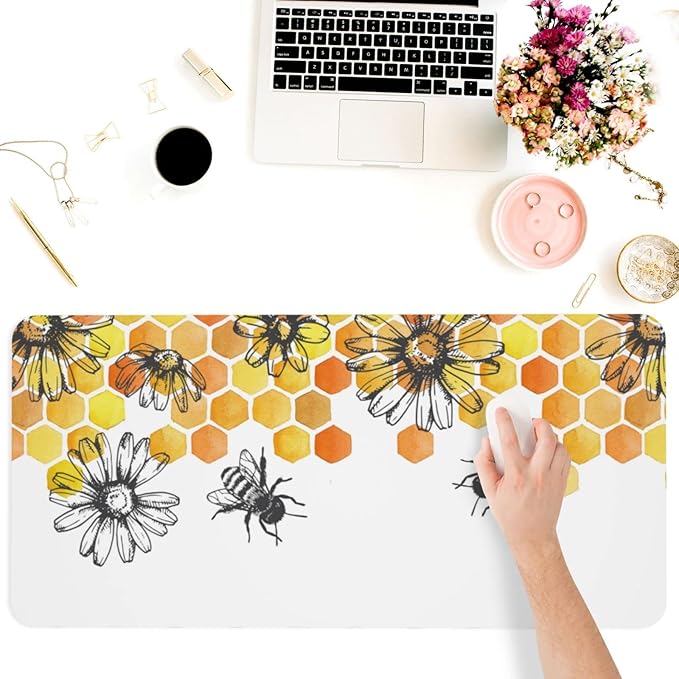 Bee Sunflowe Large Mouse Pad Gaming Mousepad with Wrist Support Rubber Computer Keyboard Mat for Desk Laptop Non-Slip Full Deskmat Protector Waterproof Writing Pad Office Home 16x35.5 in